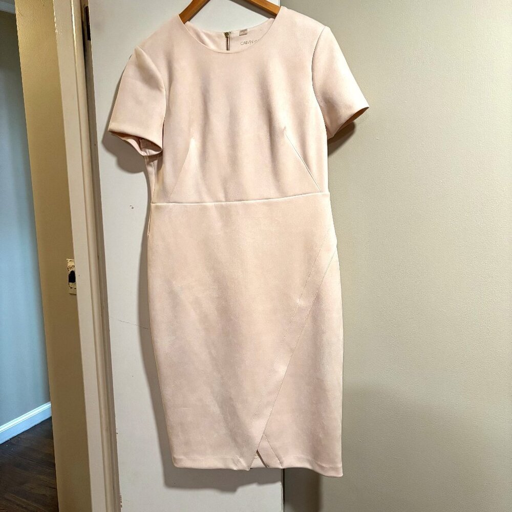 Calvin Klein Scuba faux Suede Tulip Sleeve Sheath Dress -Pink SZ: 14